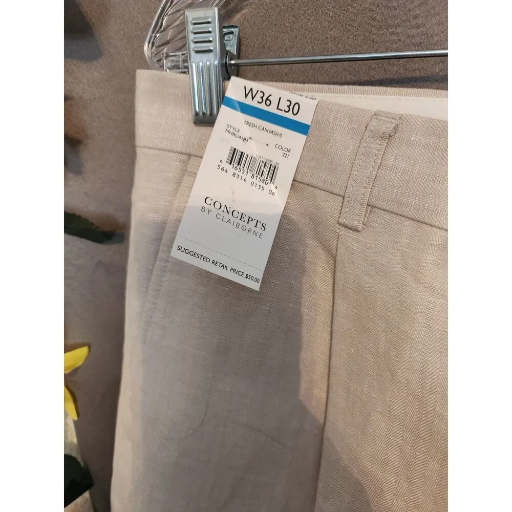 NWT Concepts by Claiborne Men's Beige Linen Dress Pants Flat Front 36W x 30L